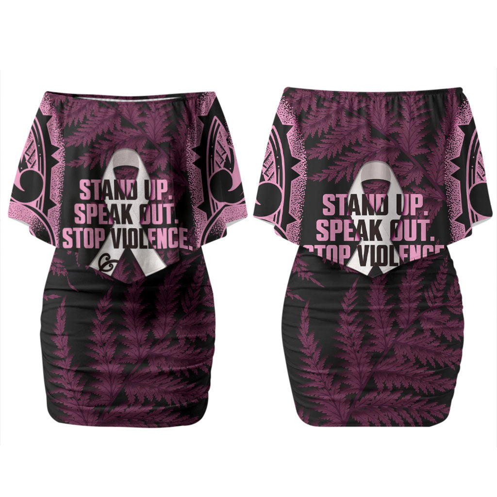 White Ribbon Day New Zealand Couples Matching Off Shoulder Short Dress and Hawaiian Shirt Respect Women Maori Pattern Pink
