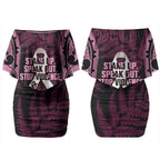 White Ribbon Day New Zealand Couples Matching Off Shoulder Short Dress and Hawaiian Shirt Respect Women Maori Pattern Pink