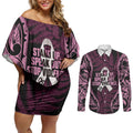 White Ribbon Day New Zealand Couples Matching Off Shoulder Short Dress and Long Sleeve Button Shirt Respect Women Maori Pattern Pink