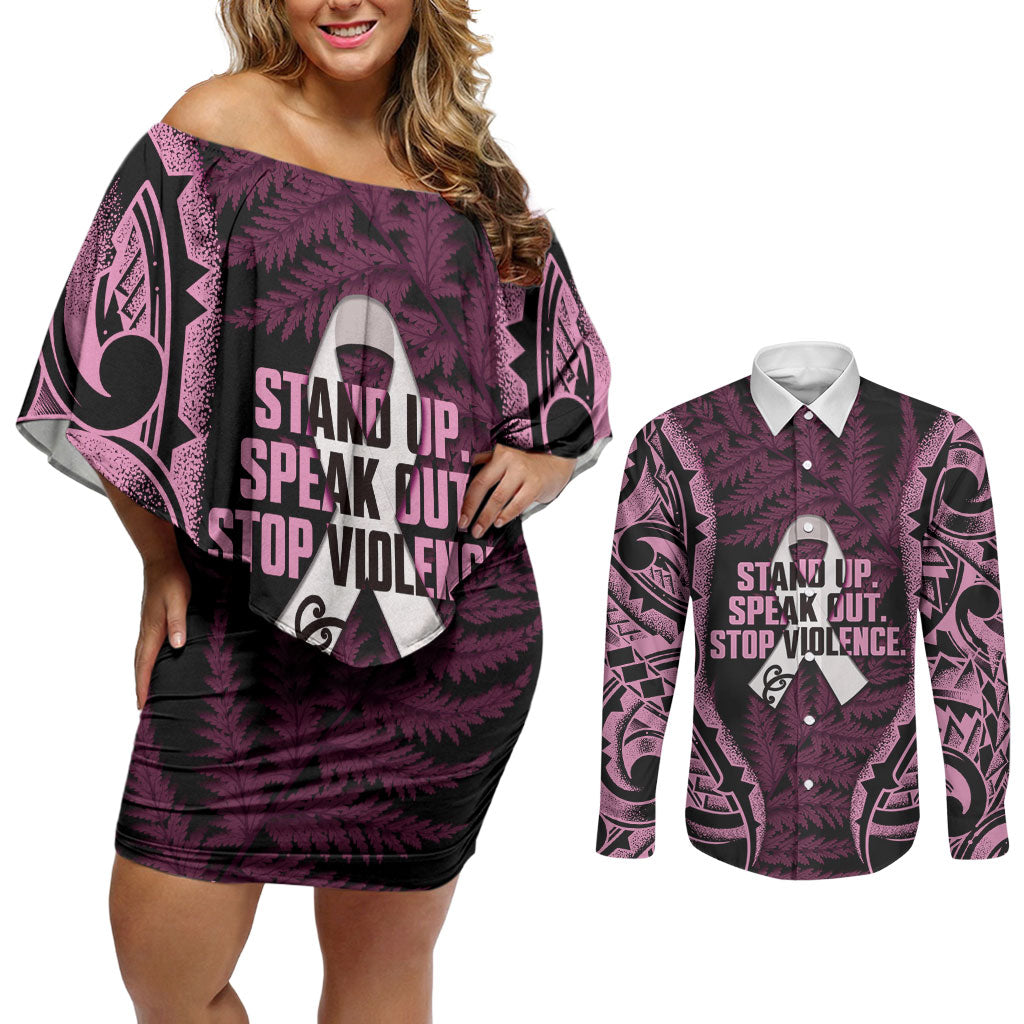 White Ribbon Day New Zealand Couples Matching Off Shoulder Short Dress and Long Sleeve Button Shirt Respect Women Maori Pattern Pink