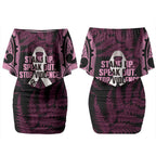 White Ribbon Day New Zealand Couples Matching Off Shoulder Short Dress and Long Sleeve Button Shirt Respect Women Maori Pattern Pink