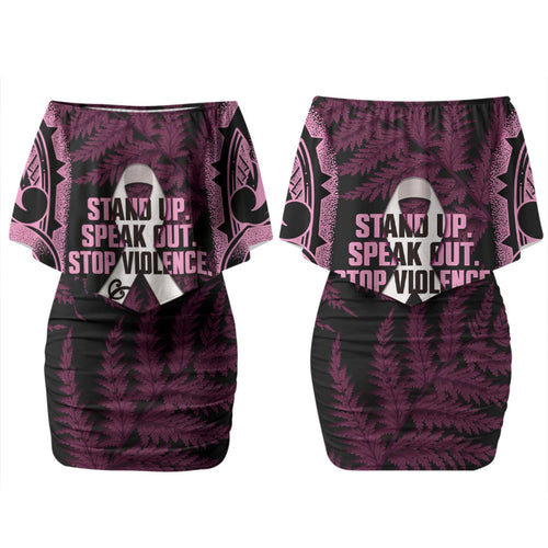 White Ribbon Day New Zealand Couples Matching Off Shoulder Short Dress and Long Sleeve Button Shirt Respect Women Maori Pattern Pink