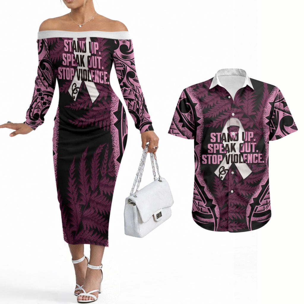 White Ribbon Day New Zealand Couples Matching Off The Shoulder Long Sleeve Dress and Hawaiian Shirt Respect Women Maori Pattern Pink