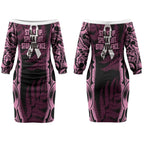 White Ribbon Day New Zealand Couples Matching Off The Shoulder Long Sleeve Dress and Hawaiian Shirt Respect Women Maori Pattern Pink