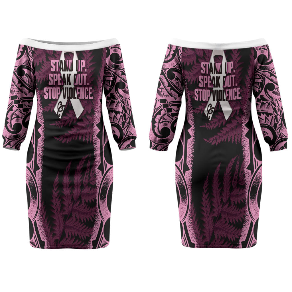 White Ribbon Day New Zealand Couples Matching Off The Shoulder Long Sleeve Dress and Hawaiian Shirt Respect Women Maori Pattern Pink