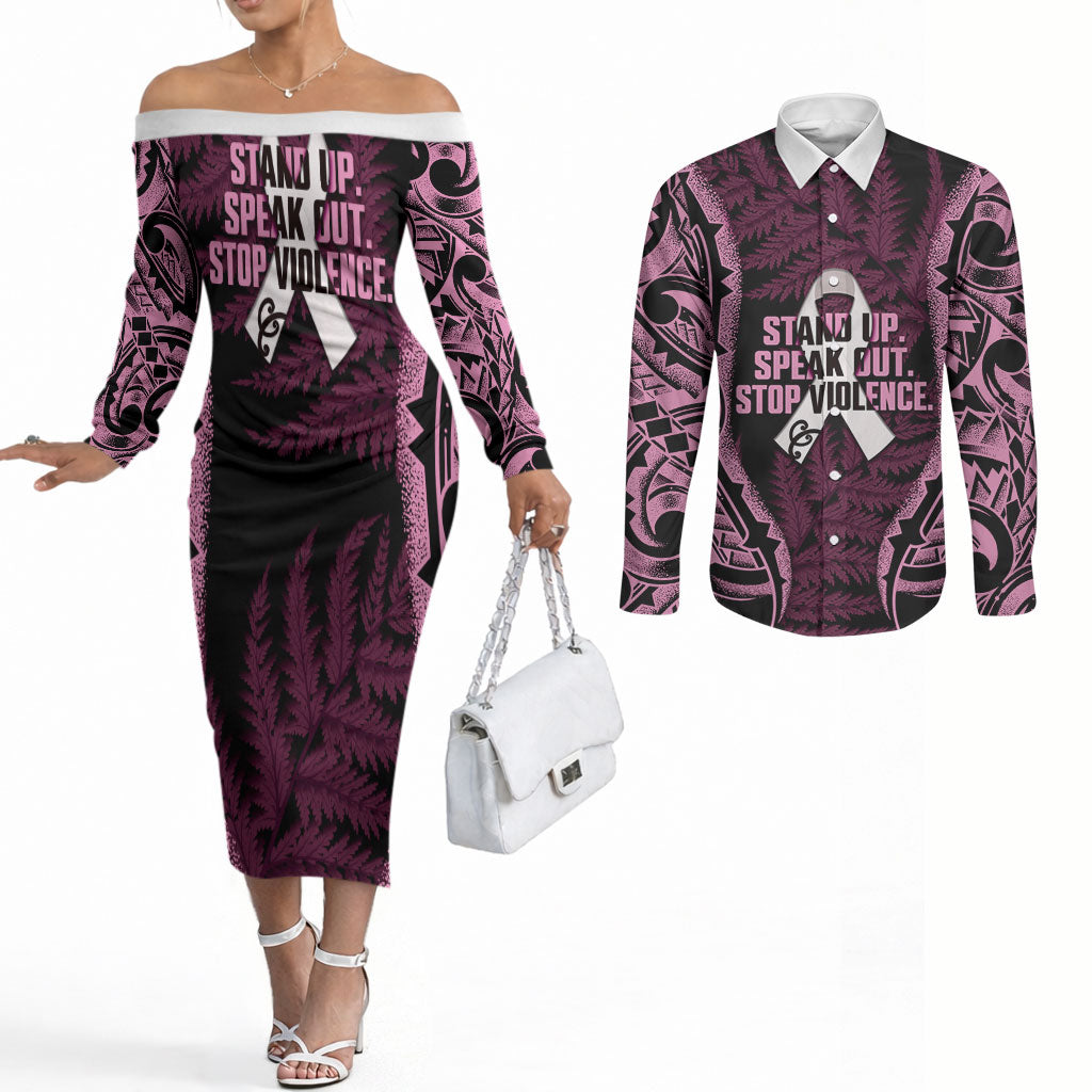 White Ribbon Day New Zealand Couples Matching Off The Shoulder Long Sleeve Dress and Long Sleeve Button Shirt Respect Women Maori Pattern Pink