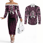 White Ribbon Day New Zealand Couples Matching Off The Shoulder Long Sleeve Dress and Long Sleeve Button Shirt Respect Women Maori Pattern Pink