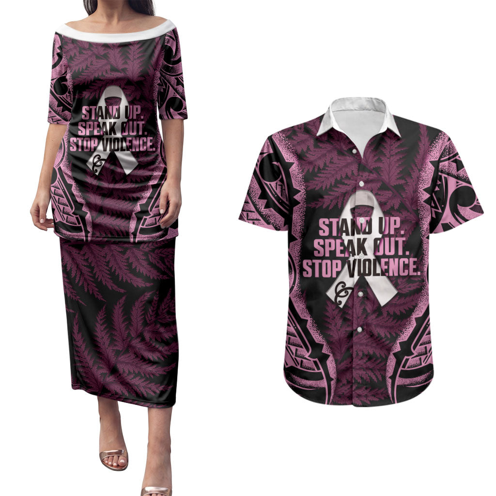 White Ribbon Day New Zealand Couples Matching Puletasi and Hawaiian Shirt Respect Women Maori Pattern Pink
