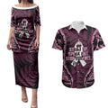 White Ribbon Day New Zealand Couples Matching Puletasi and Hawaiian Shirt Respect Women Maori Pattern Pink
