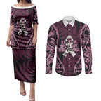 White Ribbon Day New Zealand Couples Matching Puletasi and Long Sleeve Button Shirt Respect Women Maori Pattern Pink
