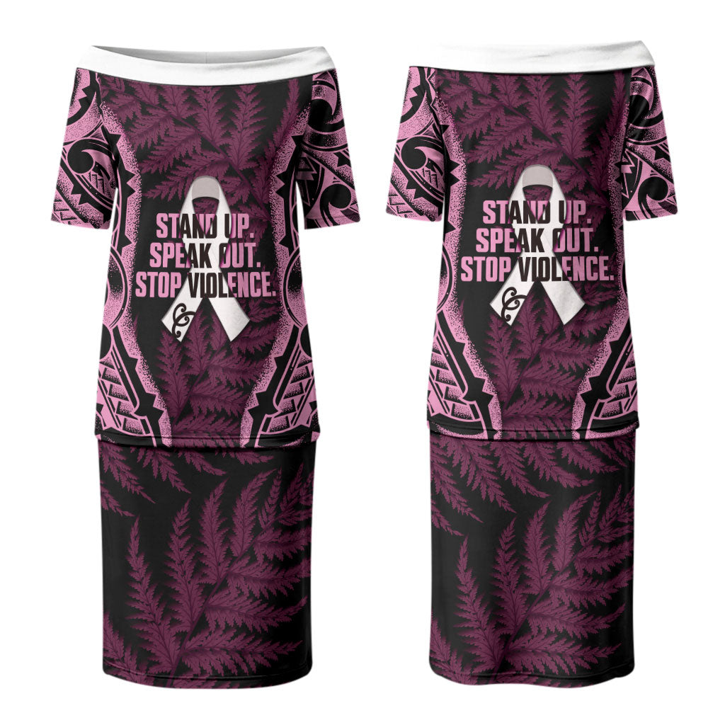 White Ribbon Day New Zealand Couples Matching Puletasi and Long Sleeve Button Shirt Respect Women Maori Pattern Pink