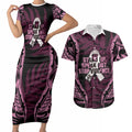 White Ribbon Day New Zealand Couples Matching Short Sleeve Bodycon Dress and Hawaiian Shirt Respect Women Maori Pattern Pink