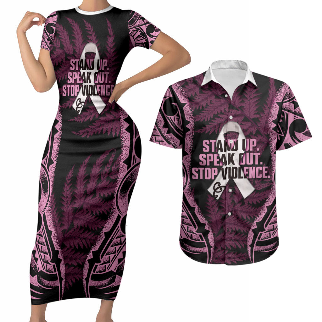 White Ribbon Day New Zealand Couples Matching Short Sleeve Bodycon Dress and Hawaiian Shirt Respect Women Maori Pattern Pink