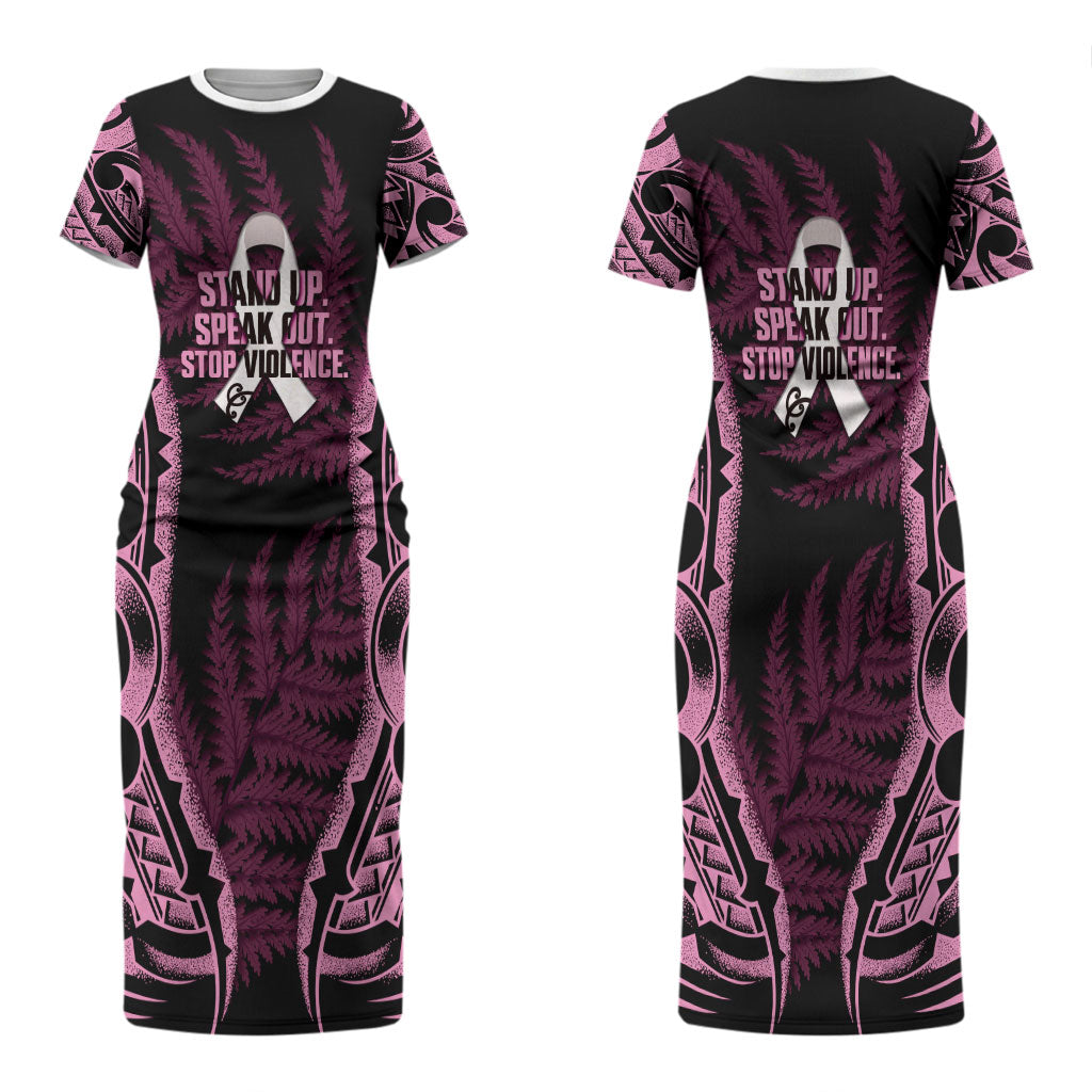 White Ribbon Day New Zealand Couples Matching Short Sleeve Bodycon Dress and Hawaiian Shirt Respect Women Maori Pattern Pink