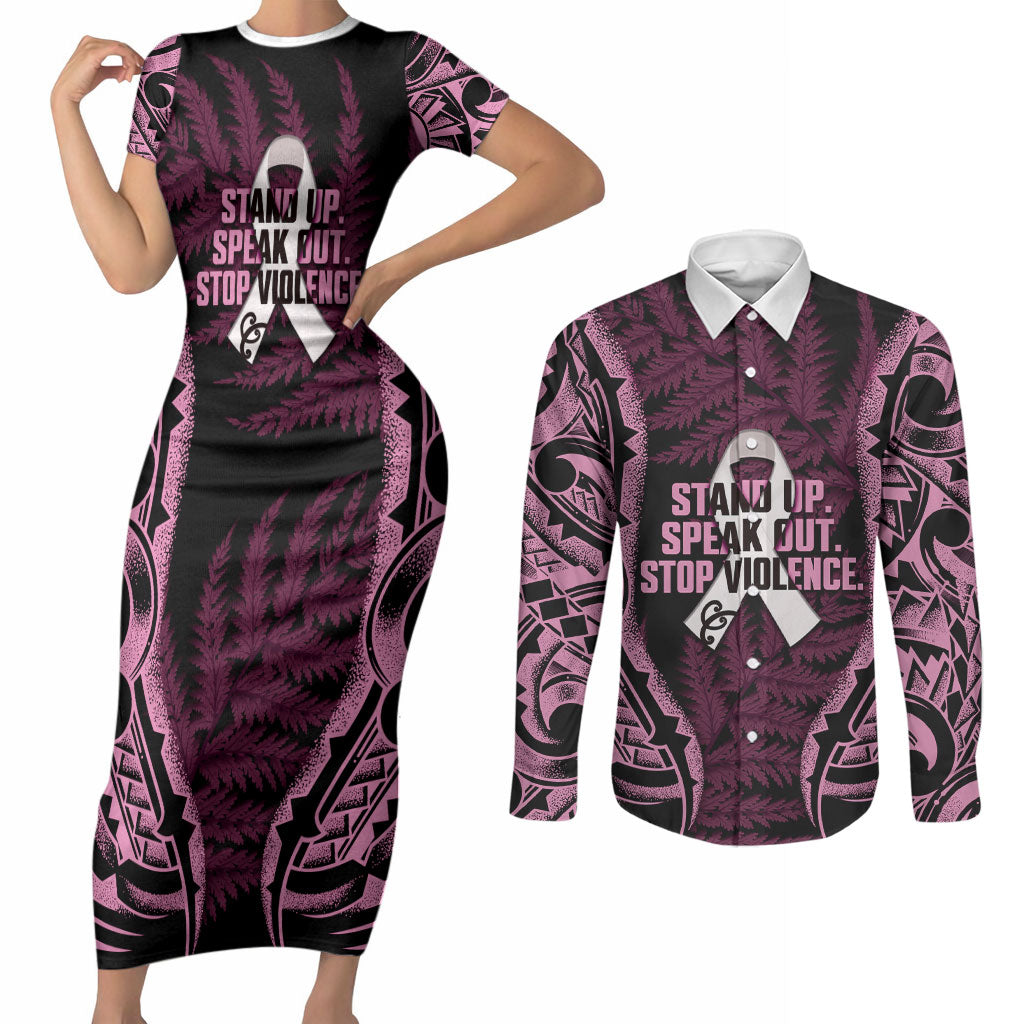 White Ribbon Day New Zealand Couples Matching Short Sleeve Bodycon Dress and Long Sleeve Button Shirt Respect Women Maori Pattern Pink