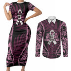 White Ribbon Day New Zealand Couples Matching Short Sleeve Bodycon Dress and Long Sleeve Button Shirt Respect Women Maori Pattern Pink