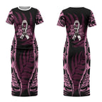 White Ribbon Day New Zealand Couples Matching Short Sleeve Bodycon Dress and Long Sleeve Button Shirt Respect Women Maori Pattern Pink
