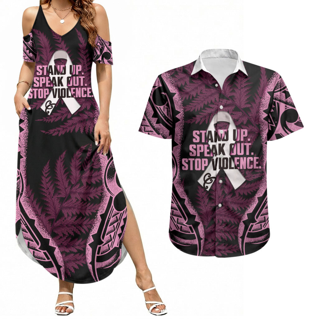 White Ribbon Day New Zealand Couples Matching Summer Maxi Dress and Hawaiian Shirt Respect Women Maori Pattern Pink