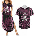 White Ribbon Day New Zealand Couples Matching Summer Maxi Dress and Hawaiian Shirt Respect Women Maori Pattern Pink
