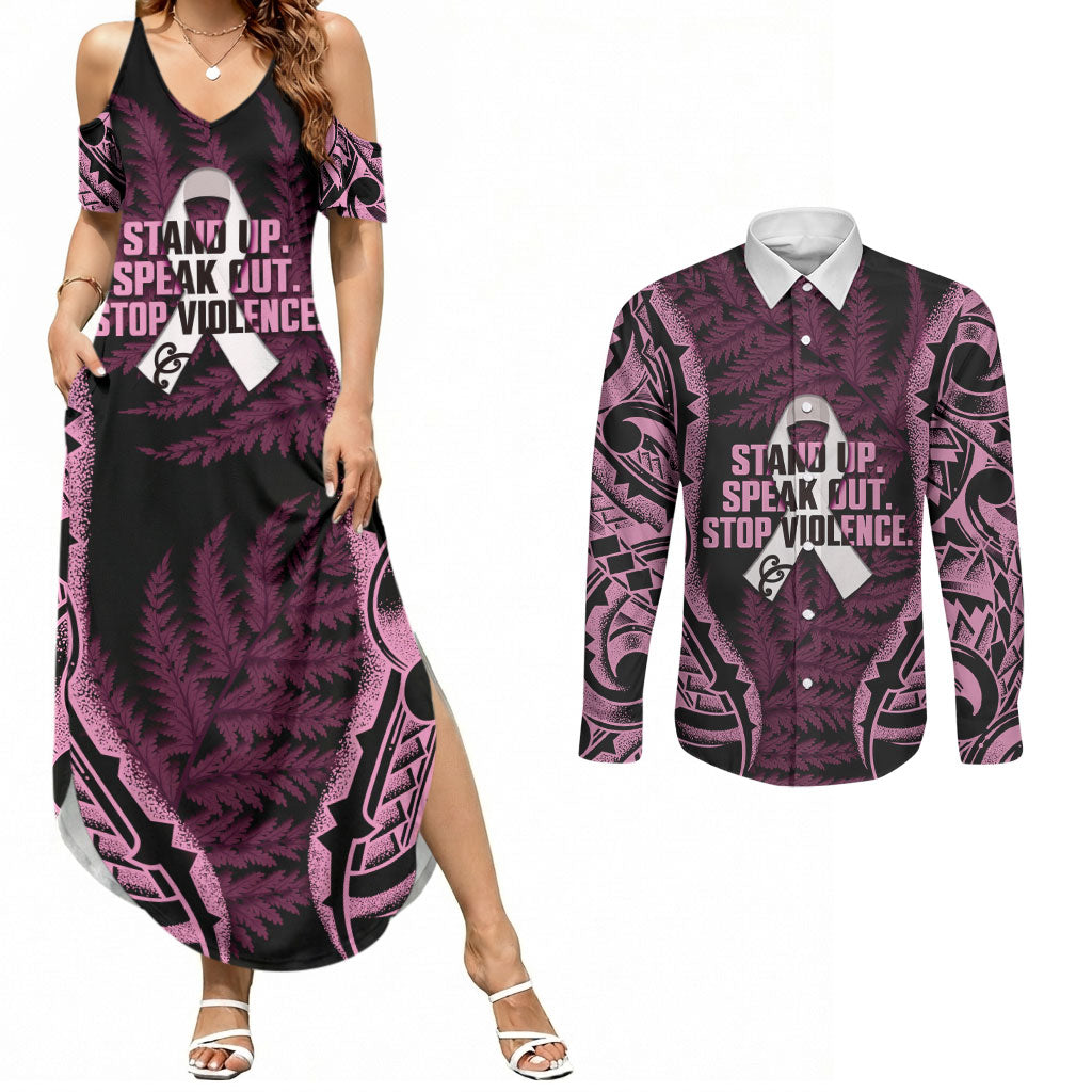White Ribbon Day New Zealand Couples Matching Summer Maxi Dress and Long Sleeve Button Shirt Respect Women Maori Pattern Pink