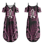 White Ribbon Day New Zealand Couples Matching Summer Maxi Dress and Long Sleeve Button Shirt Respect Women Maori Pattern Pink