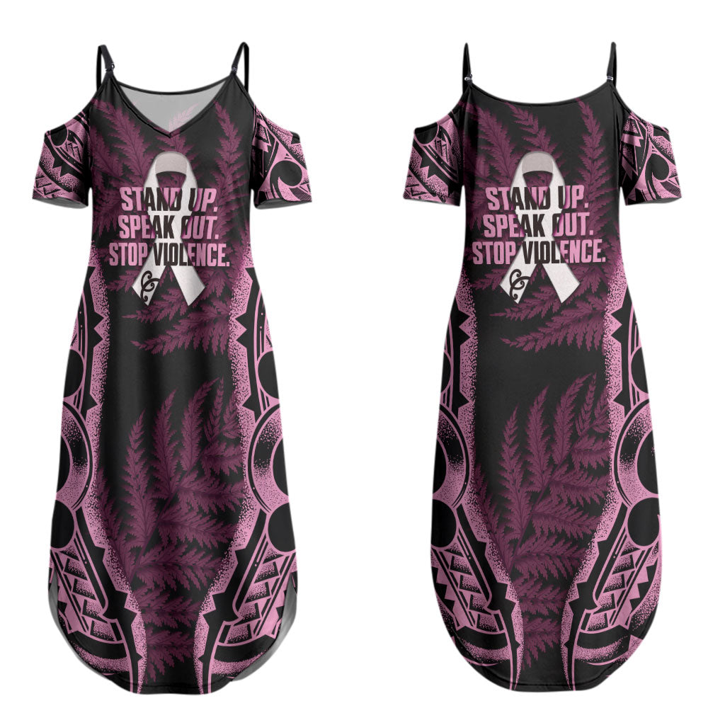 White Ribbon Day New Zealand Couples Matching Summer Maxi Dress and Long Sleeve Button Shirt Respect Women Maori Pattern Pink