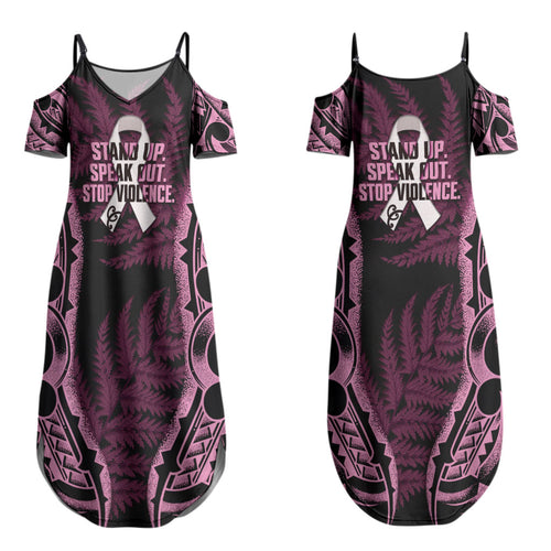 White Ribbon Day New Zealand Couples Matching Summer Maxi Dress and Long Sleeve Button Shirt Respect Women Maori Pattern Pink