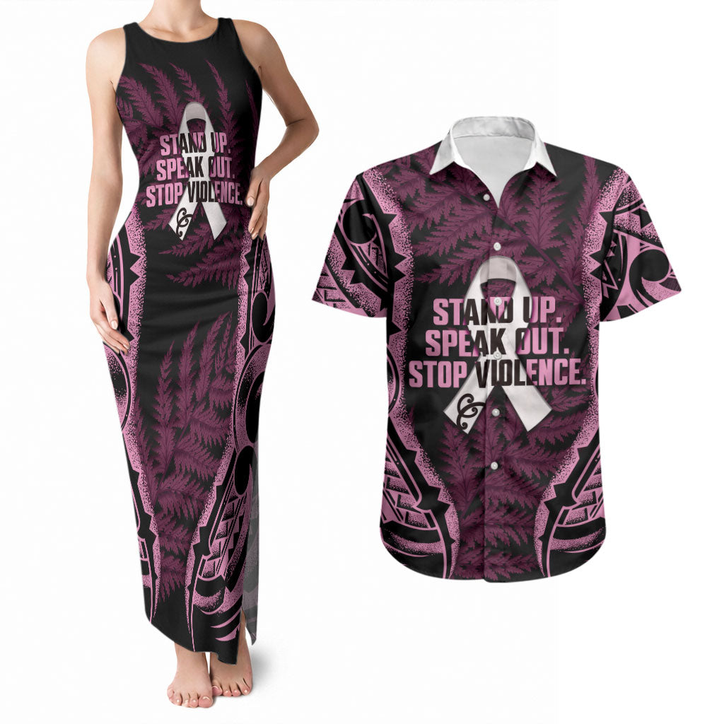 White Ribbon Day New Zealand Couples Matching Tank Maxi Dress and Hawaiian Shirt Respect Women Maori Pattern Pink