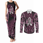 White Ribbon Day New Zealand Couples Matching Tank Maxi Dress and Long Sleeve Button Shirt Respect Women Maori Pattern Pink