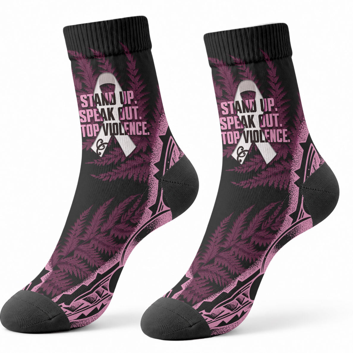 White Ribbon Day New Zealand Crew Socks Respect Women Maori Pattern Pink