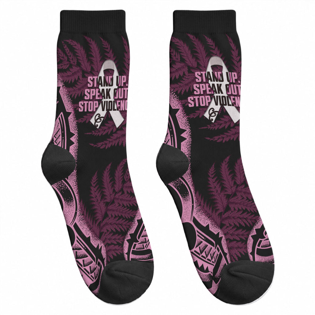 White Ribbon Day New Zealand Crew Socks Respect Women Maori Pattern Pink