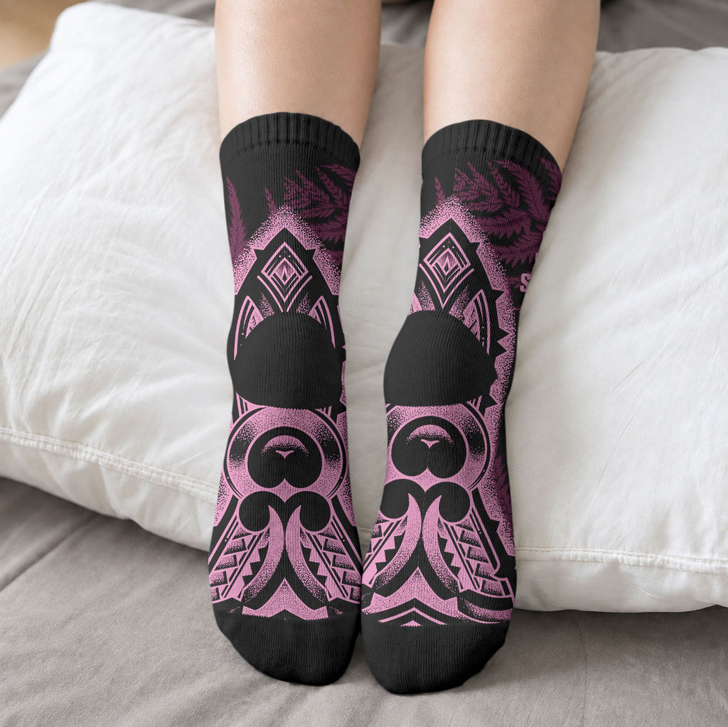 White Ribbon Day New Zealand Crew Socks Respect Women Maori Pattern Pink
