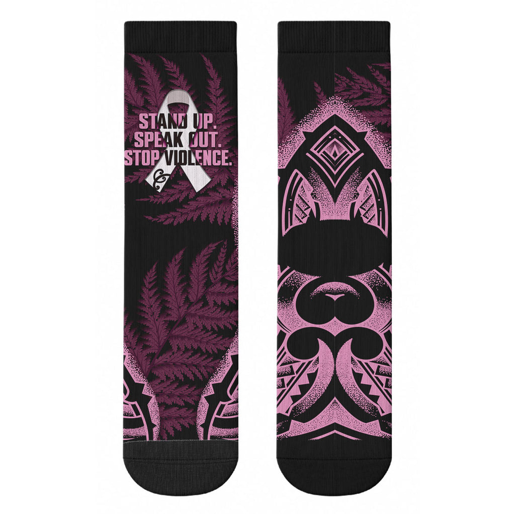 White Ribbon Day New Zealand Crew Socks Respect Women Maori Pattern Pink
