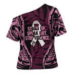 White Ribbon Day New Zealand Cross Shoulder Shirt Respect Women Maori Pattern Pink
