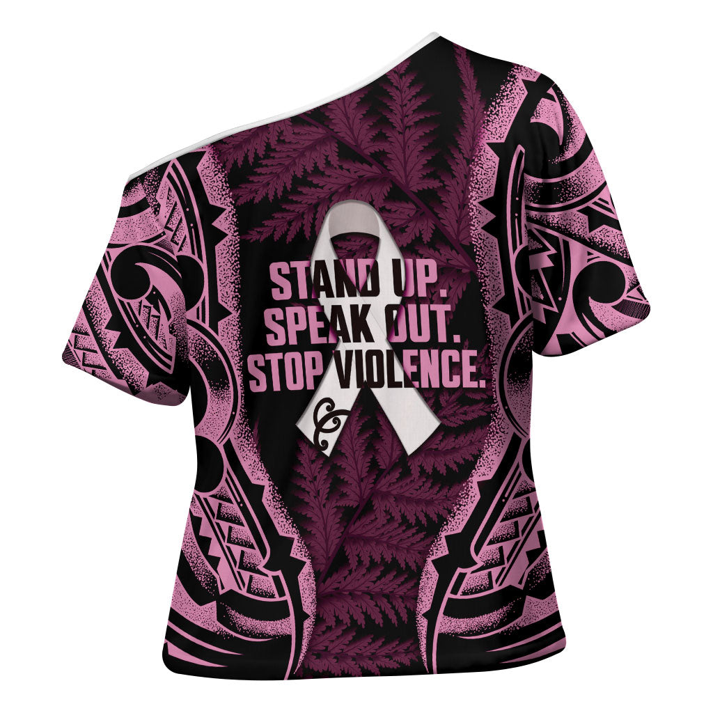 White Ribbon Day New Zealand Cross Shoulder Shirt Respect Women Maori Pattern Pink