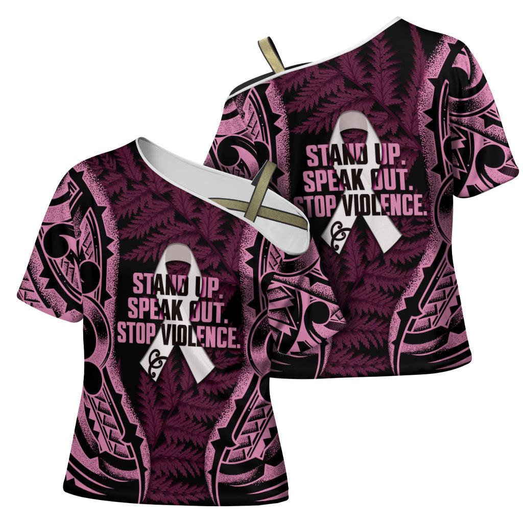 White Ribbon Day New Zealand Cross Shoulder Shirt Respect Women Maori Pattern Pink