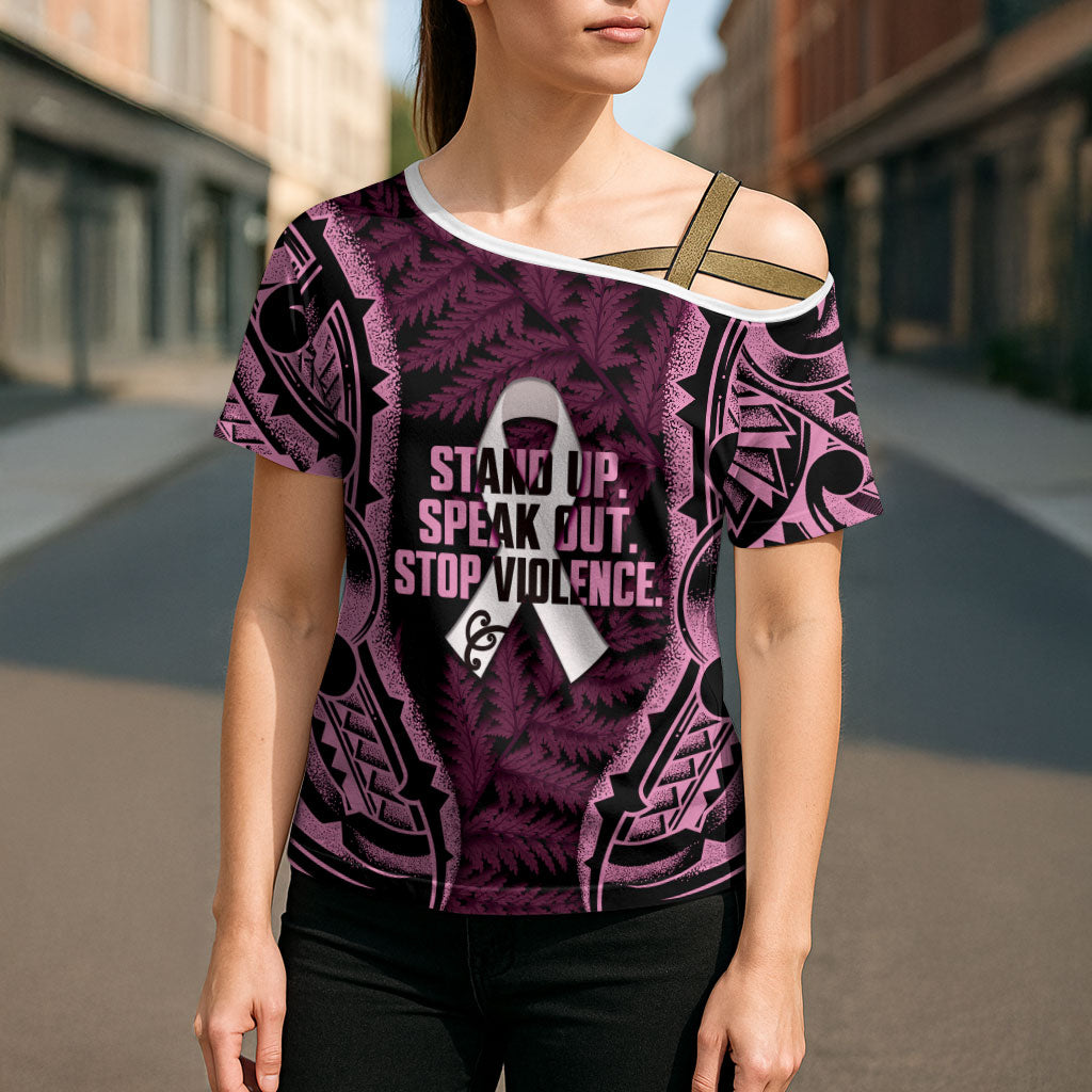 White Ribbon Day New Zealand Cross Shoulder Shirt Respect Women Maori Pattern Pink