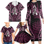 White Ribbon Day New Zealand Family Matching Long Sleeve Bodycon Dress and Hawaiian Shirt Respect Women Maori Pattern Pink