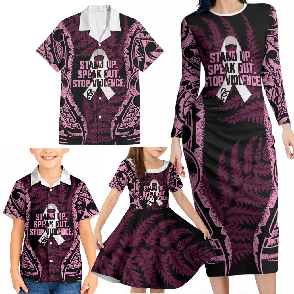 White Ribbon Day New Zealand Family Matching Long Sleeve Bodycon Dress and Hawaiian Shirt Respect Women Maori Pattern Pink