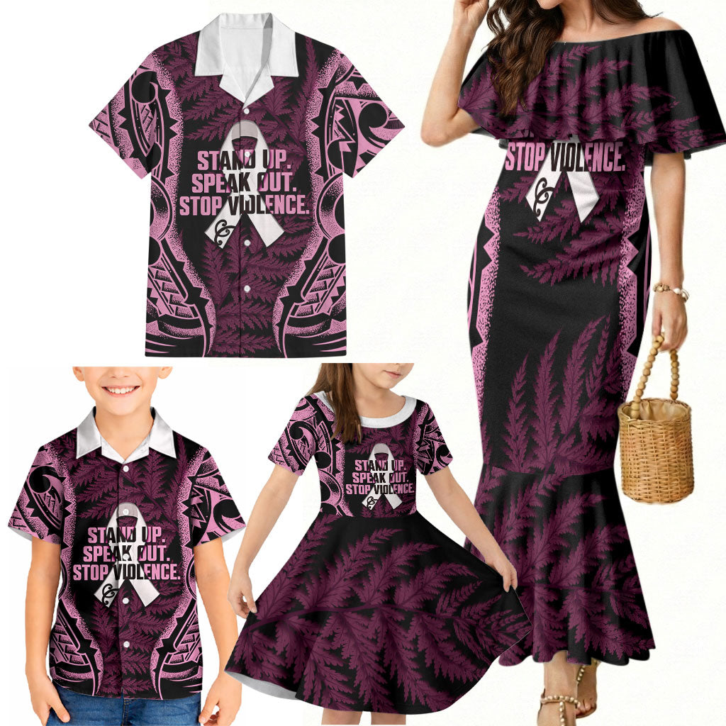White Ribbon Day New Zealand Family Matching Mermaid Dress and Hawaiian Shirt Respect Women Maori Pattern Pink