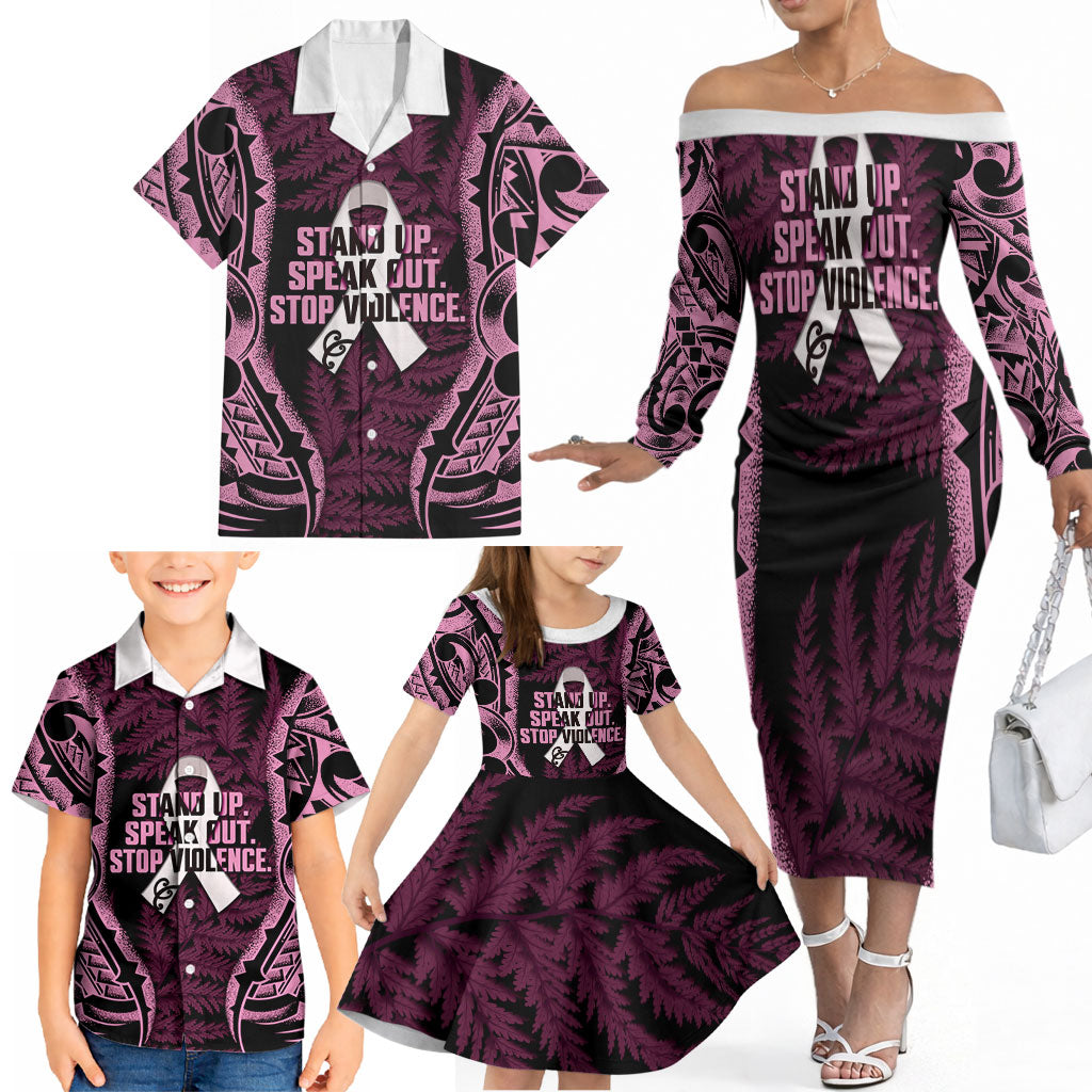 White Ribbon Day New Zealand Family Matching Off The Shoulder Long Sleeve Dress and Hawaiian Shirt Respect Women Maori Pattern Pink