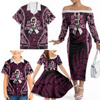 White Ribbon Day New Zealand Family Matching Off The Shoulder Long Sleeve Dress and Hawaiian Shirt Respect Women Maori Pattern Pink