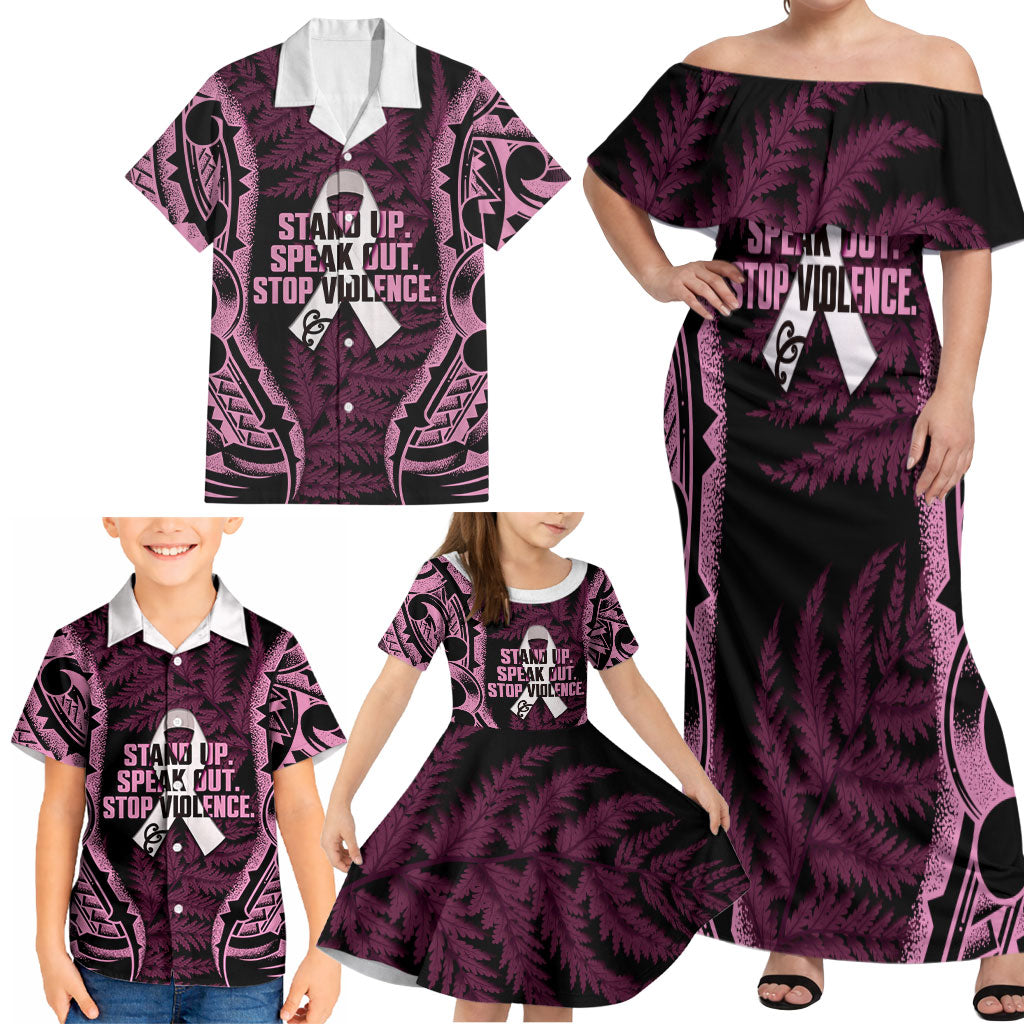 White Ribbon Day New Zealand Family Matching Off Shoulder Maxi Dress and Hawaiian Shirt Respect Women Maori Pattern Pink
