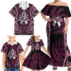 White Ribbon Day New Zealand Family Matching Off Shoulder Maxi Dress and Hawaiian Shirt Respect Women Maori Pattern Pink