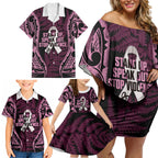 White Ribbon Day New Zealand Family Matching Off Shoulder Short Dress and Hawaiian Shirt Respect Women Maori Pattern Pink