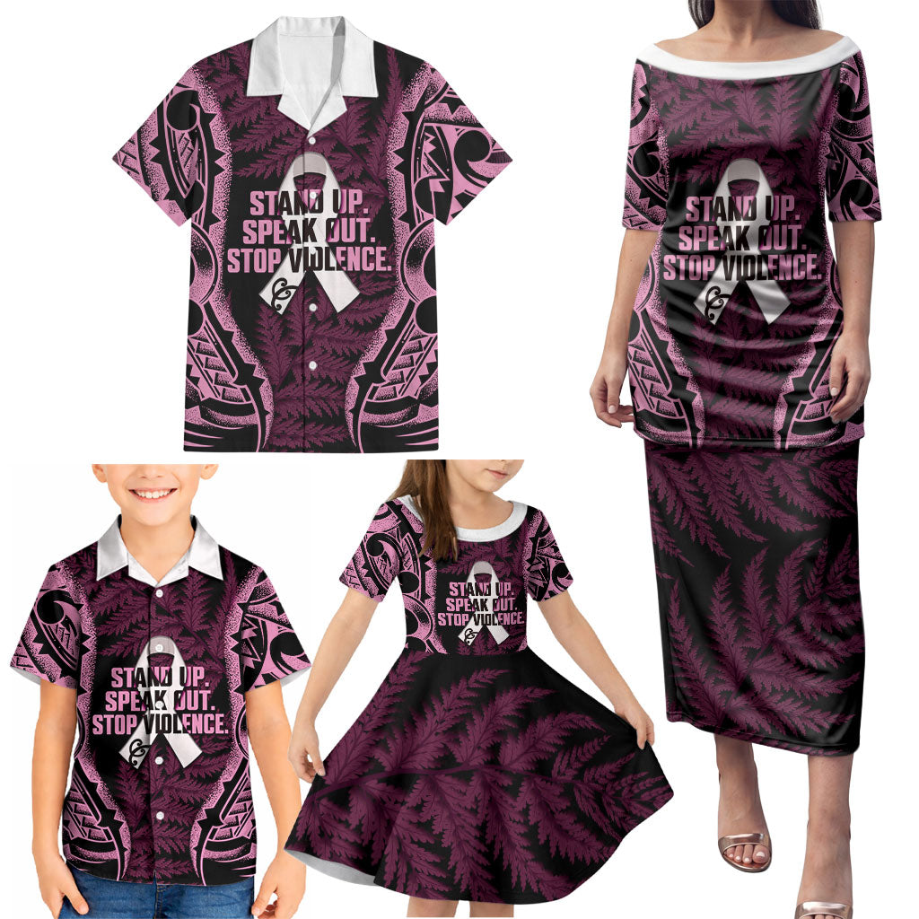 White Ribbon Day New Zealand Family Matching Puletasi and Hawaiian Shirt Respect Women Maori Pattern Pink