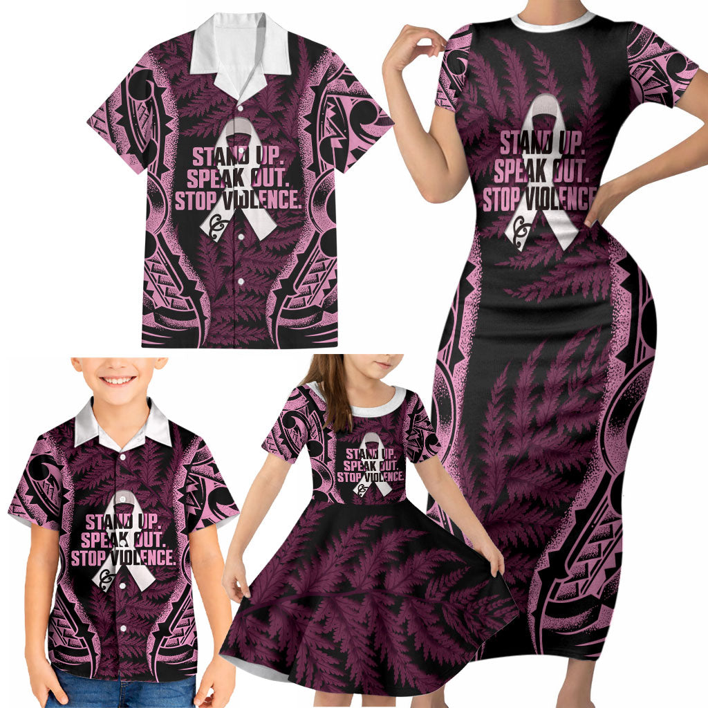 White Ribbon Day New Zealand Family Matching Short Sleeve Bodycon Dress and Hawaiian Shirt Respect Women Maori Pattern Pink