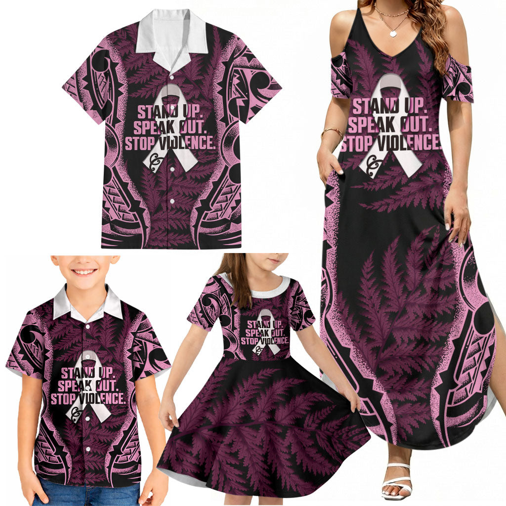 White Ribbon Day New Zealand Family Matching Summer Maxi Dress and Hawaiian Shirt Respect Women Maori Pattern Pink