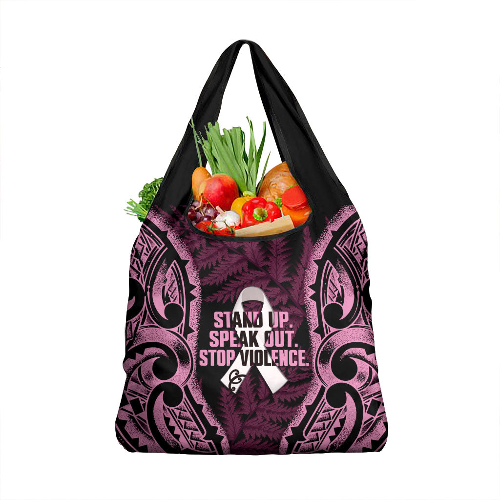 White Ribbon Day New Zealand Grocery Bag Respect Women Maori Pattern Pink