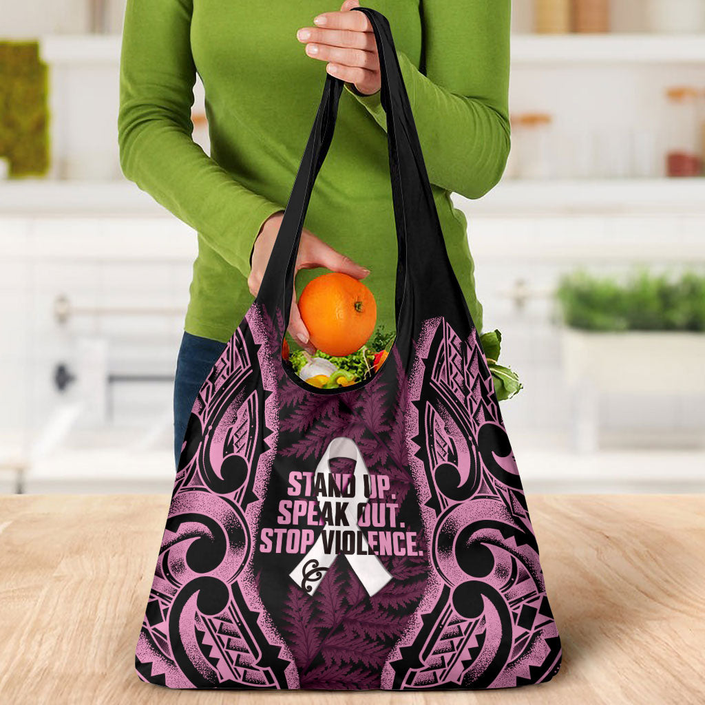 White Ribbon Day New Zealand Grocery Bag Respect Women Maori Pattern Pink